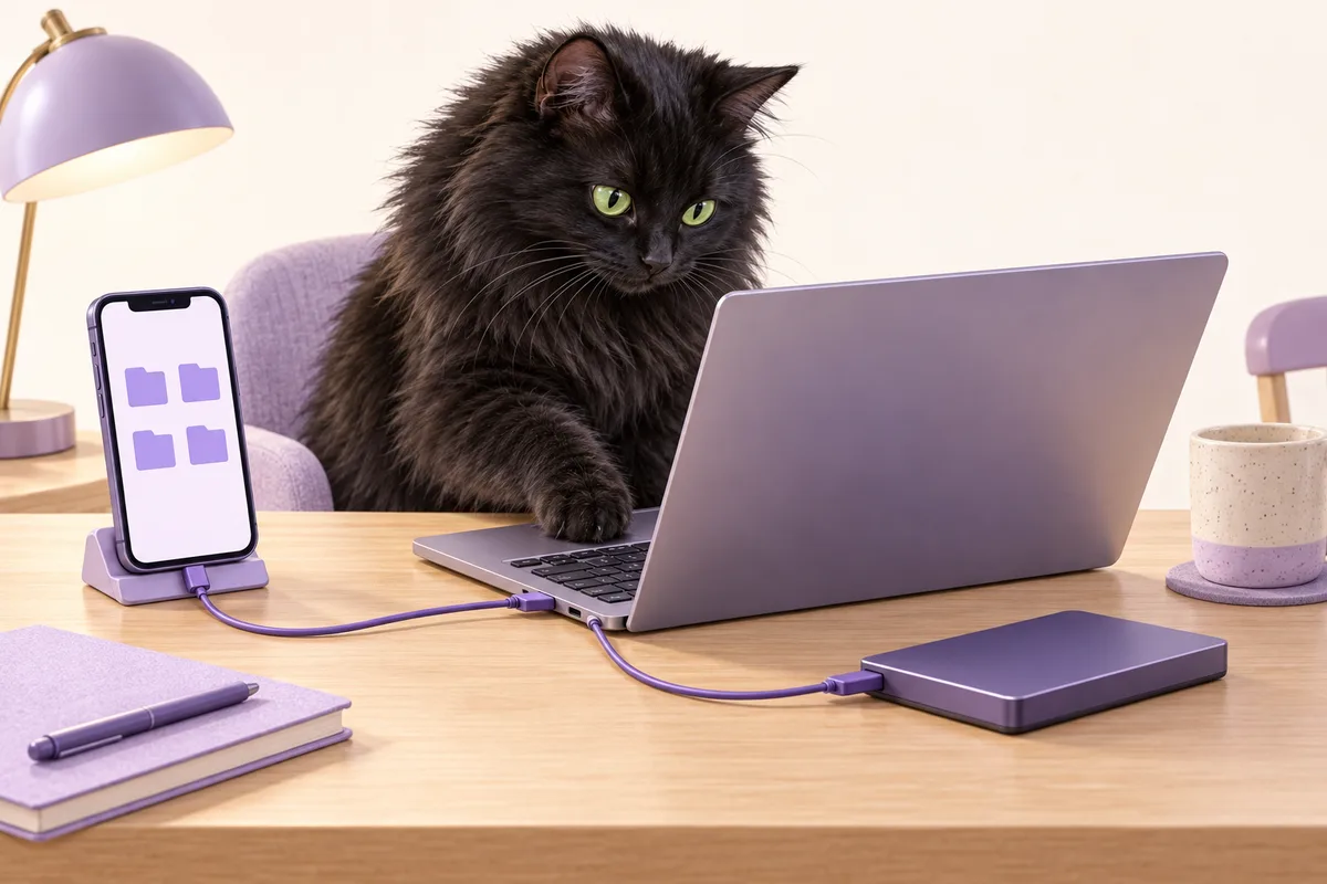 Illustration of a black cat backing up a phone with a laptop and external drive.