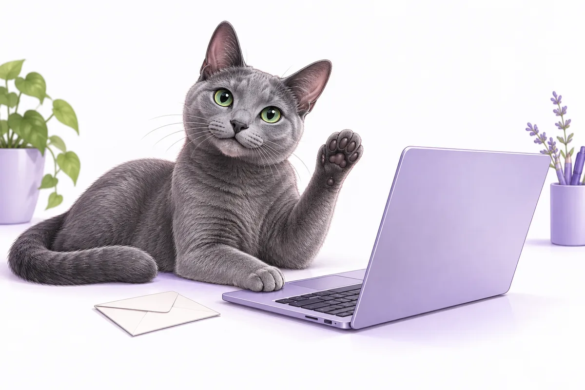 Illustration of a gray cat greeting you beside a laptop.