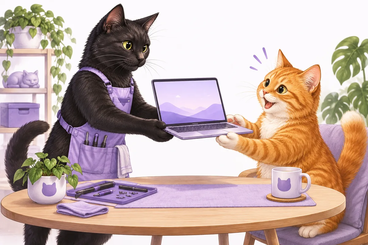 Illustration of a black cat giving a refurbished laptop to an orange cat.