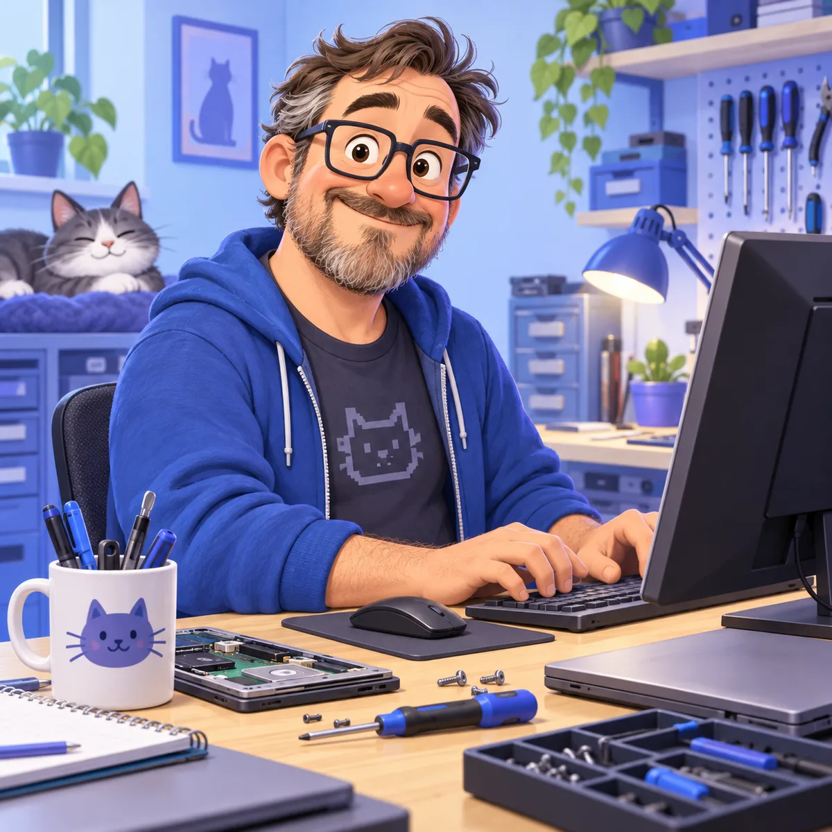 A friendly cartoon technician working at a computer in a blue workshop