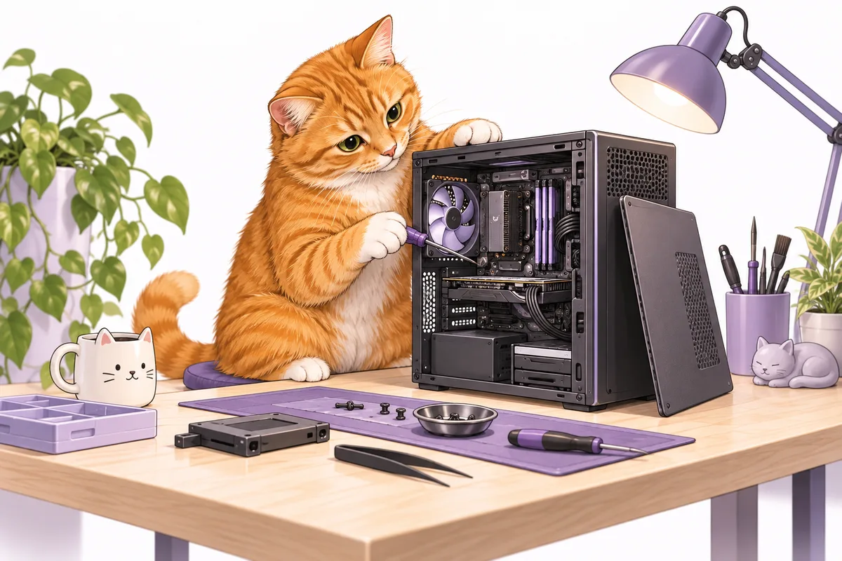 Illustration of an orange cat repairing an open computer.