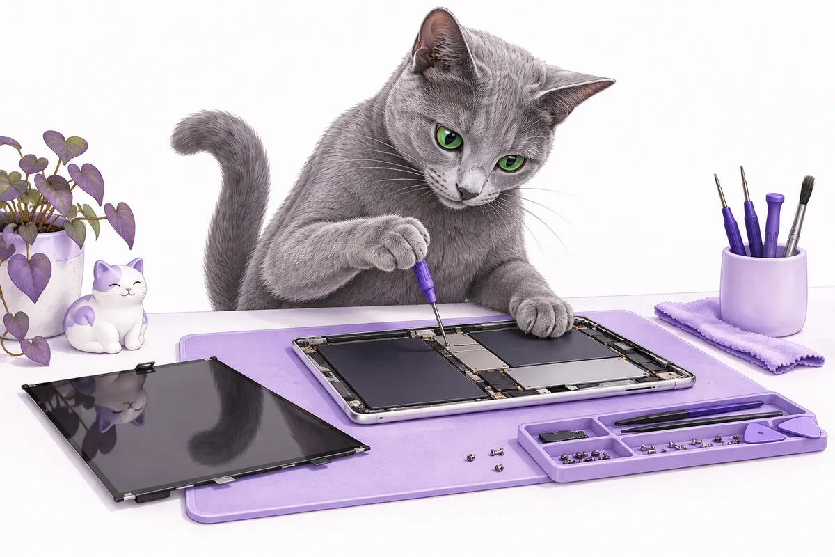 Illustration of a gray Russian Blue-style cat working on a tablet screen.