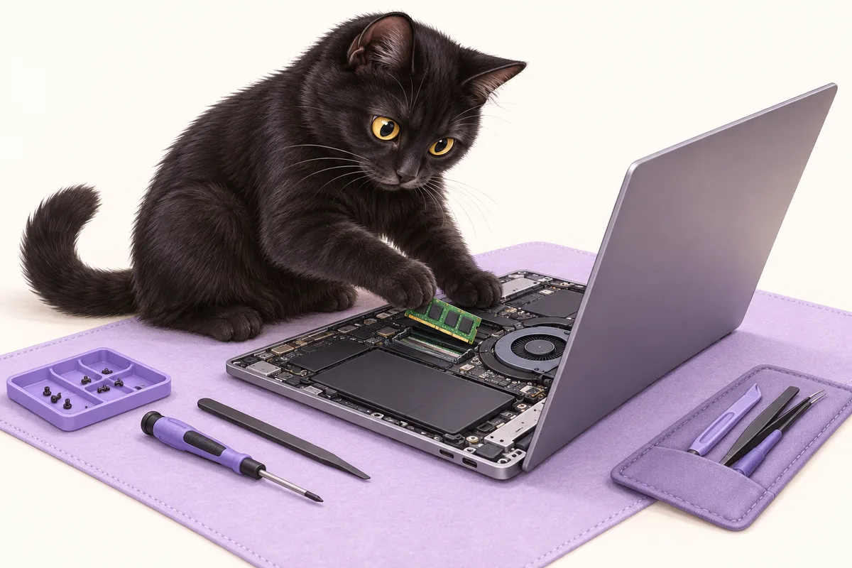 Illustration of a black cat upgrading a laptop.