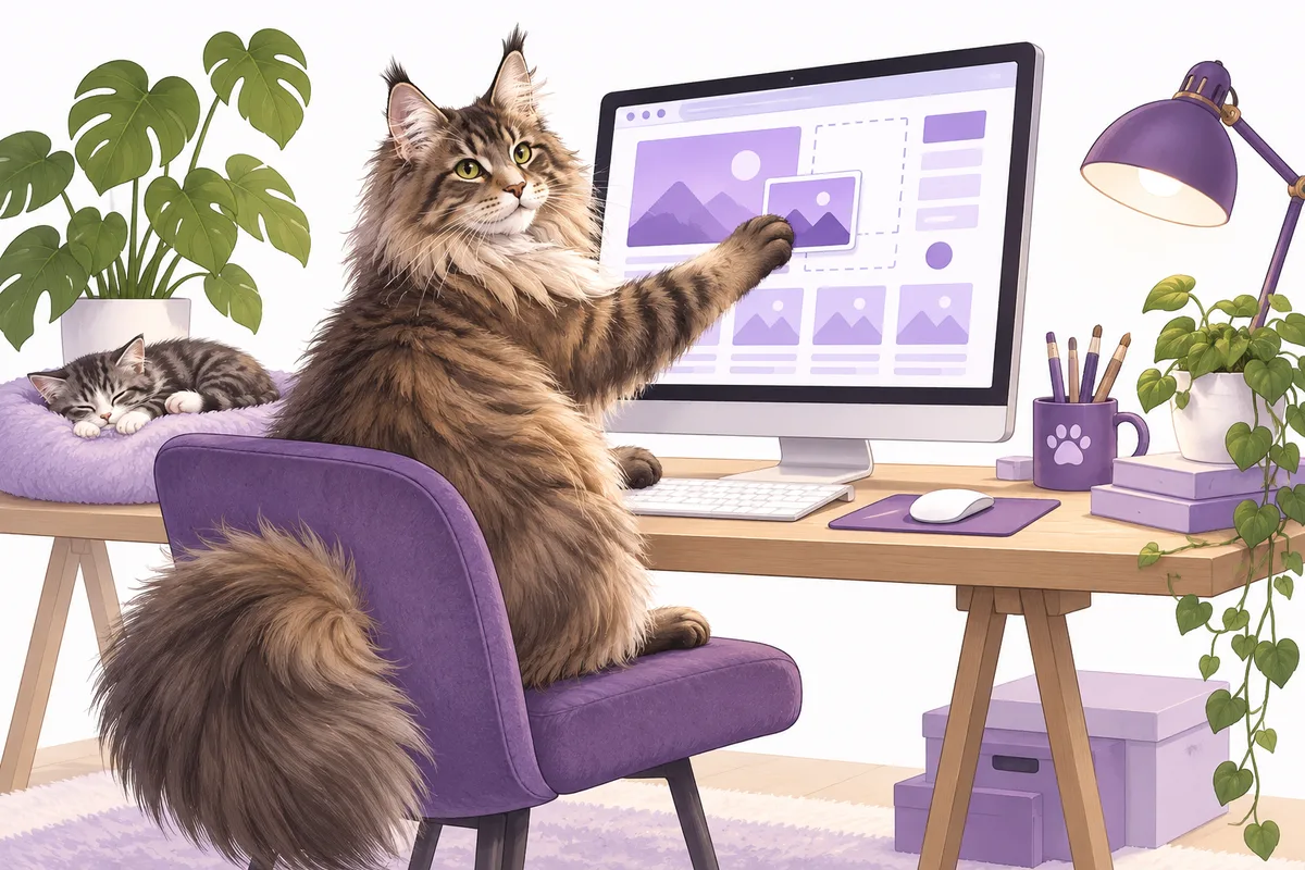 Illustration of a fluffy Maine Coon-style cat designing a website.